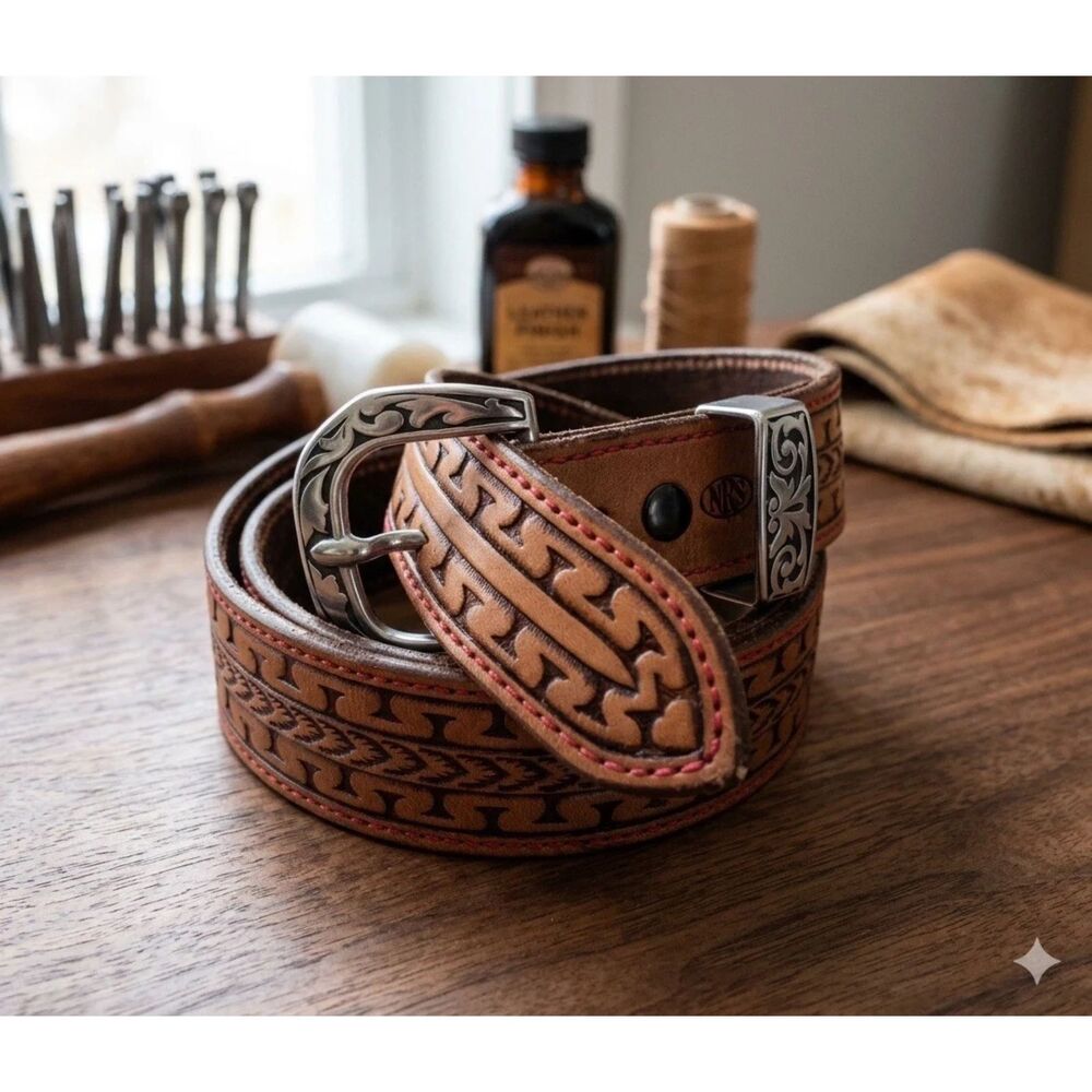 Tandy Tooled Mens Leather Belt Sz 44 Western Brown Floral Silver Tone Rodeo